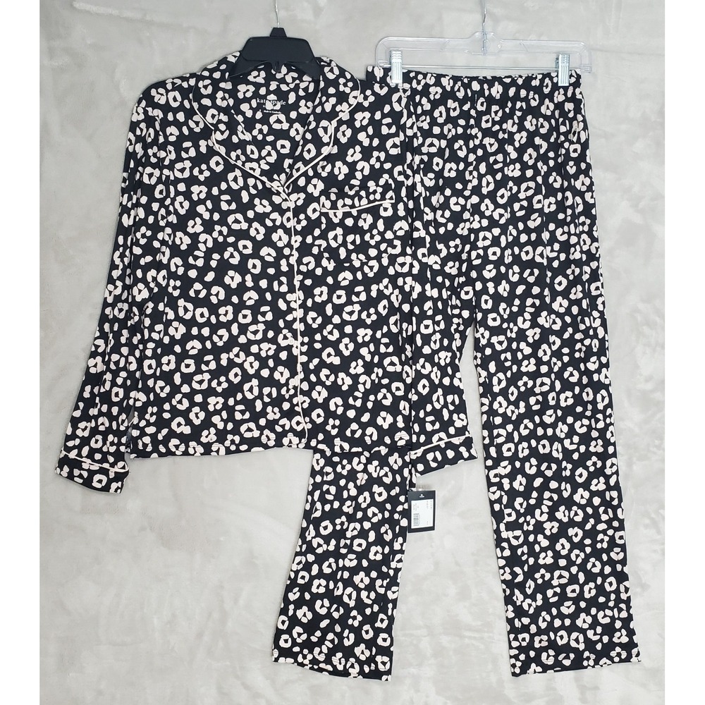Kate Spade Black & Pink Leopard 2 Piece Pajamas Womens Small Soft Stretch NWT